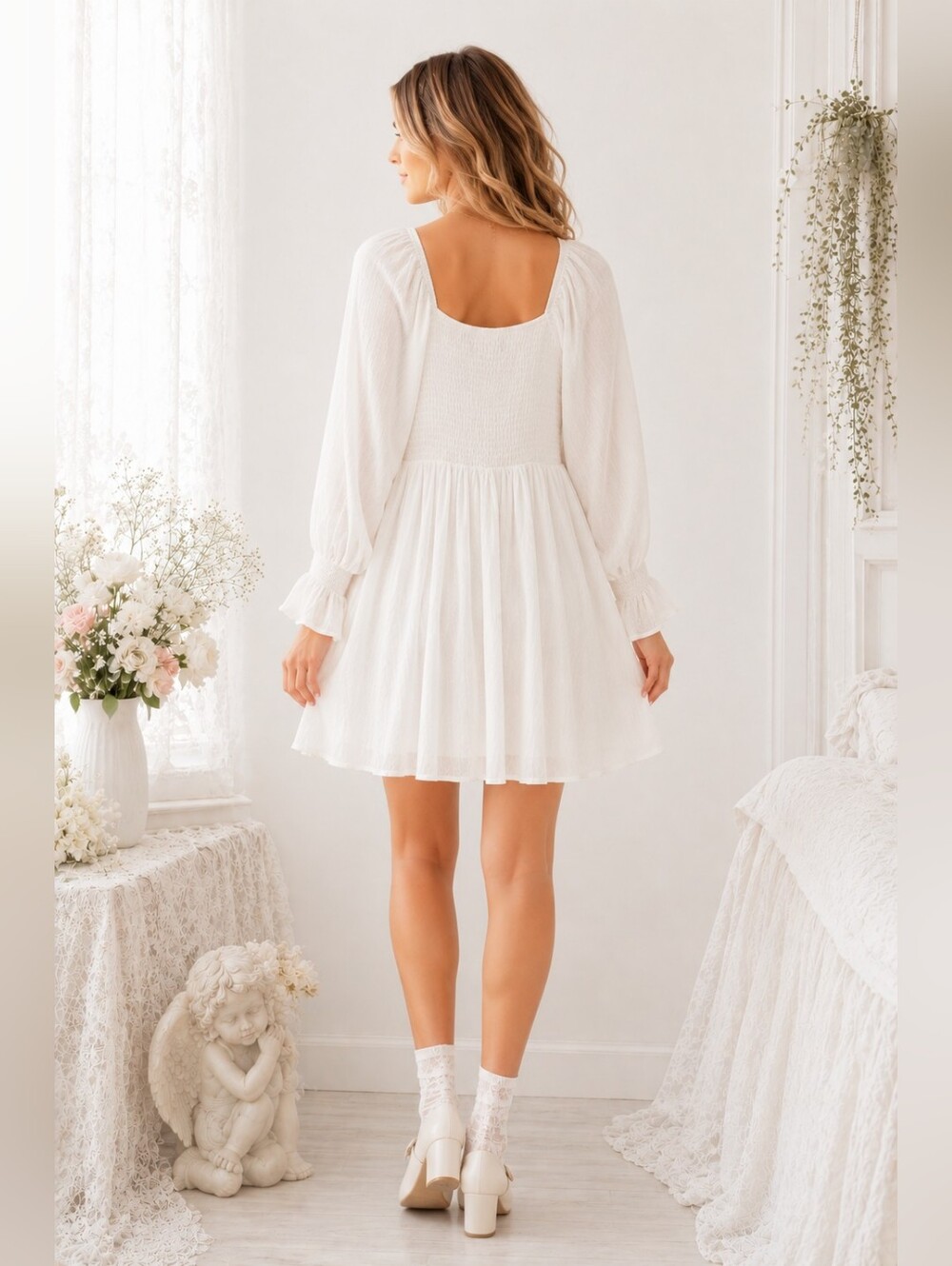 Lulus White Babydoll Mini Dress Size S Angelcore Cottagecore Romantic - Picture 2 of 7